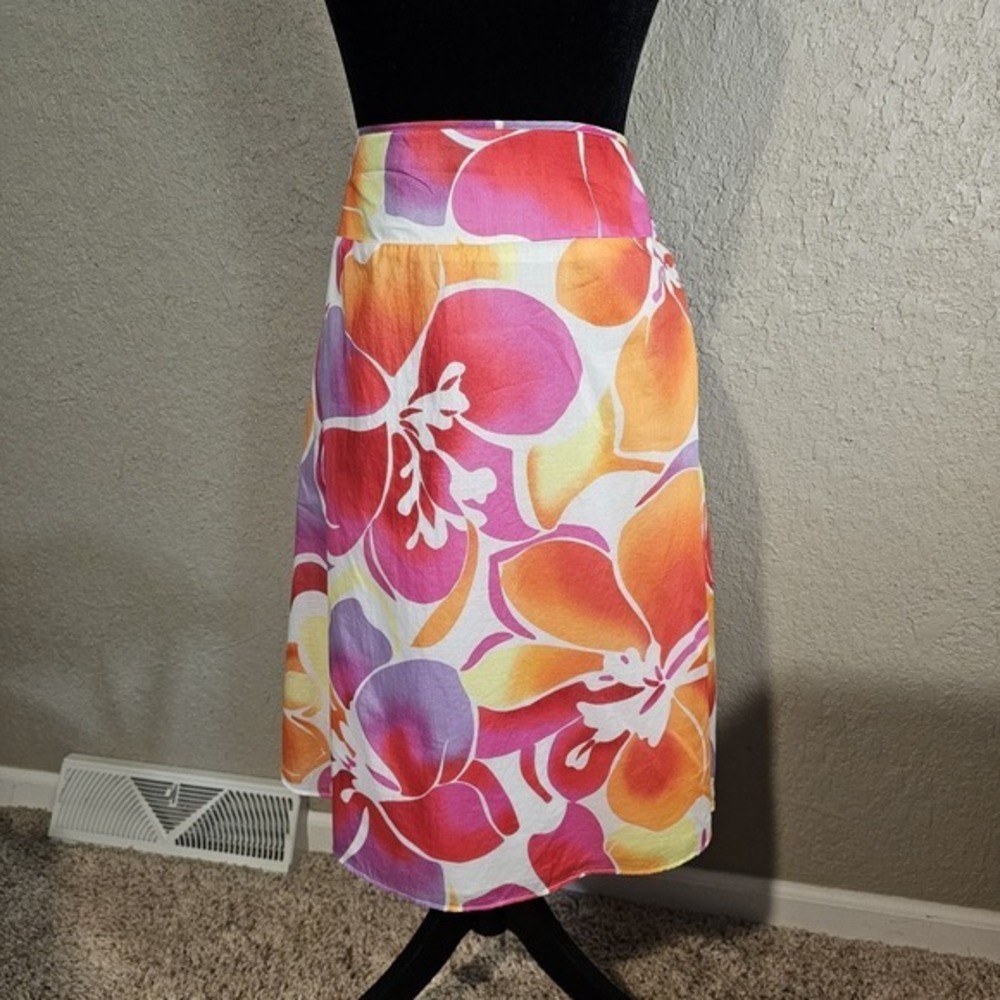 New York & Company Womens Pink Orange Floral Cotton Midi Skirt‎ Size 10 Tropical